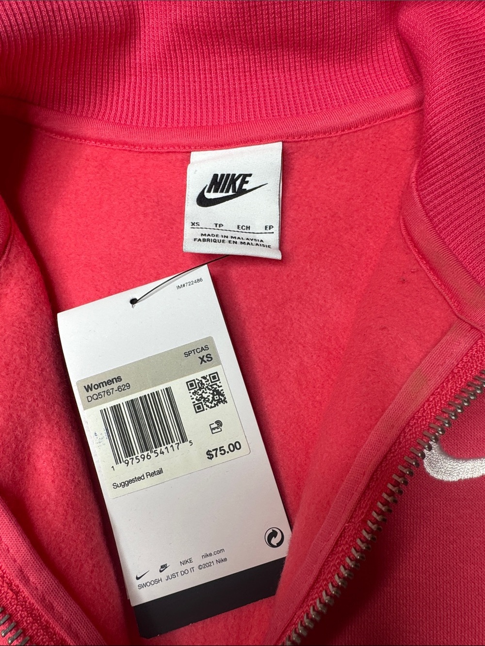 Nike Womens Quarter Zip Fleece Sweatshirt XS Pink NWT Retail $75 Swoosh - Picture 2 of 5